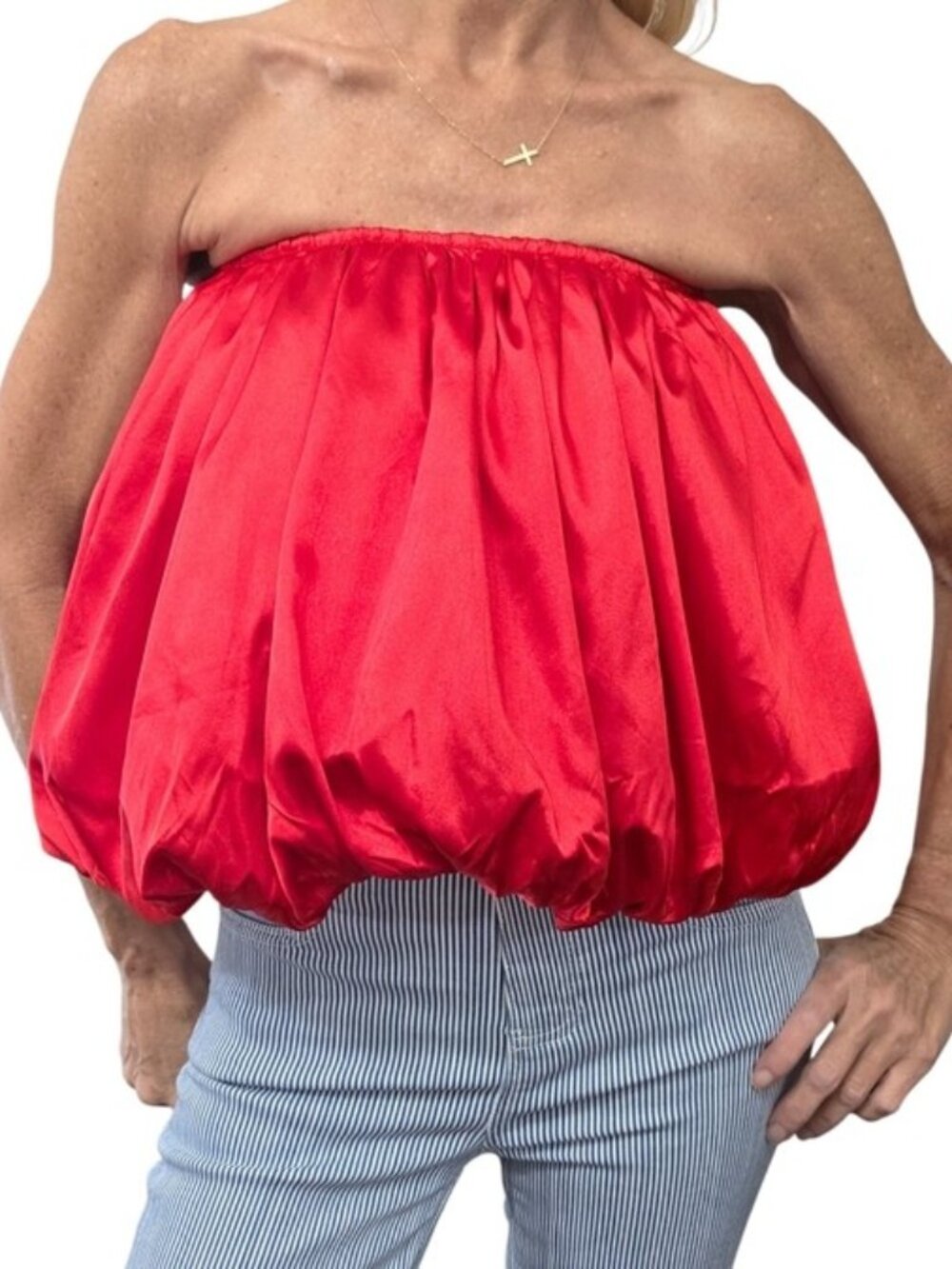 AMYLYNN Red Satin Strapless Bubble Hem Crop Top Bandeau Size 4